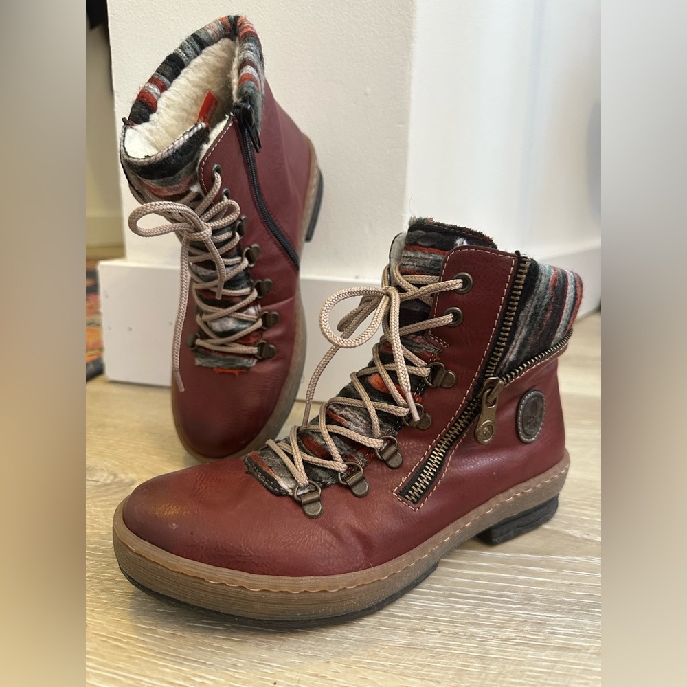 Rieker Red Lace-Up Boots with Zipper
